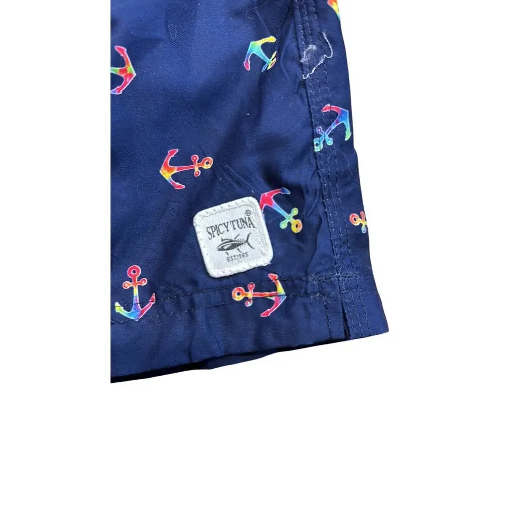 New Men's Spicy Tuna Navy Blue Colorful Anchors Design Swim Shorts Trunks Size L